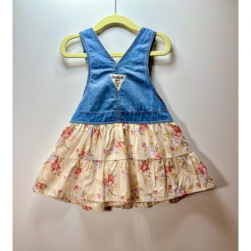 OshKosh Bgosh Baby Girls Denim Floral Tiered Overall Dress 18M NWT